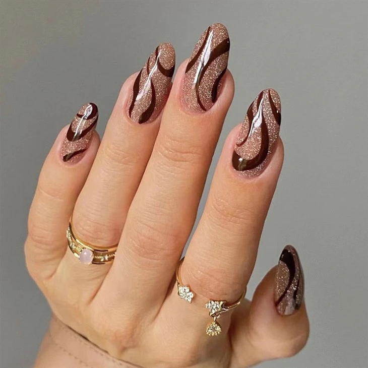 Brown Wavy Gold Glitter Press On Nails