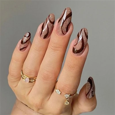 Brown Wavy Gold Glitter Press On Nails