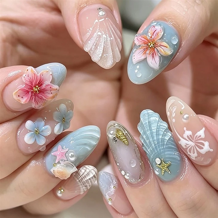 3D Blue Floral Ocean Press On Nails