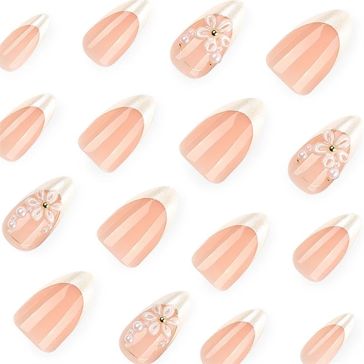 3D Pearl Flower French Tip Press On Nails factory