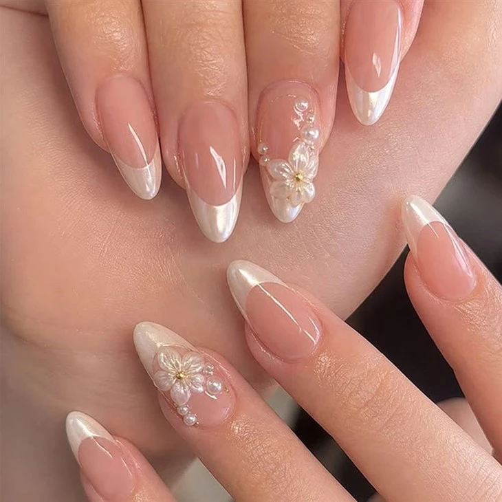3D Pearl Flower French Tip Press On Nails