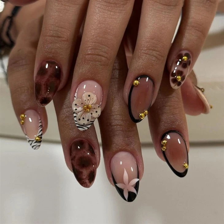 3D Pink Black Floral Leopard Press On Nails