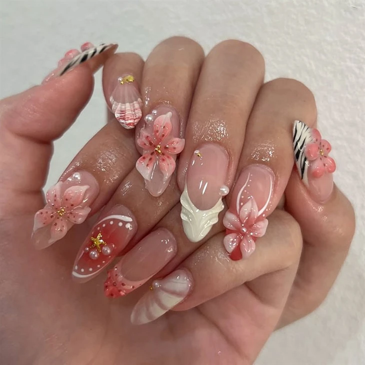 3D Pink Blossom Flower Press On Nails