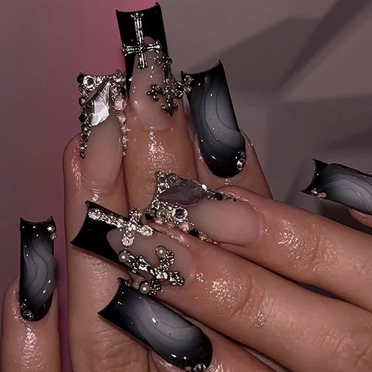 Black Flame Cross Charm Square Press On Nails