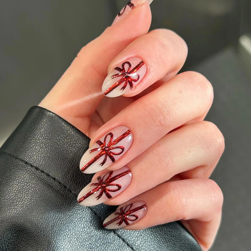 Bows and Rhinestone Christmas Nails