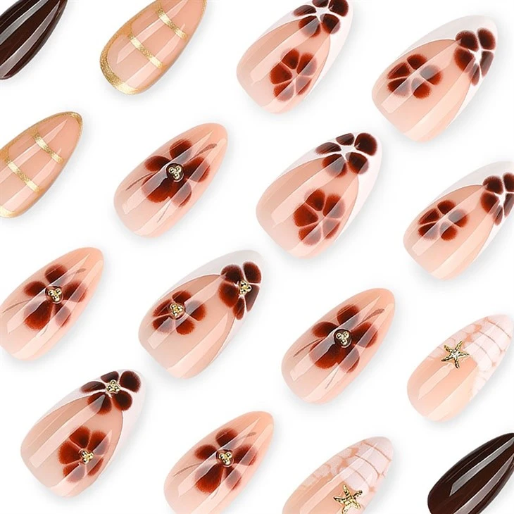 Brown Floral & Gold Stripe Almond Press On Nails factory