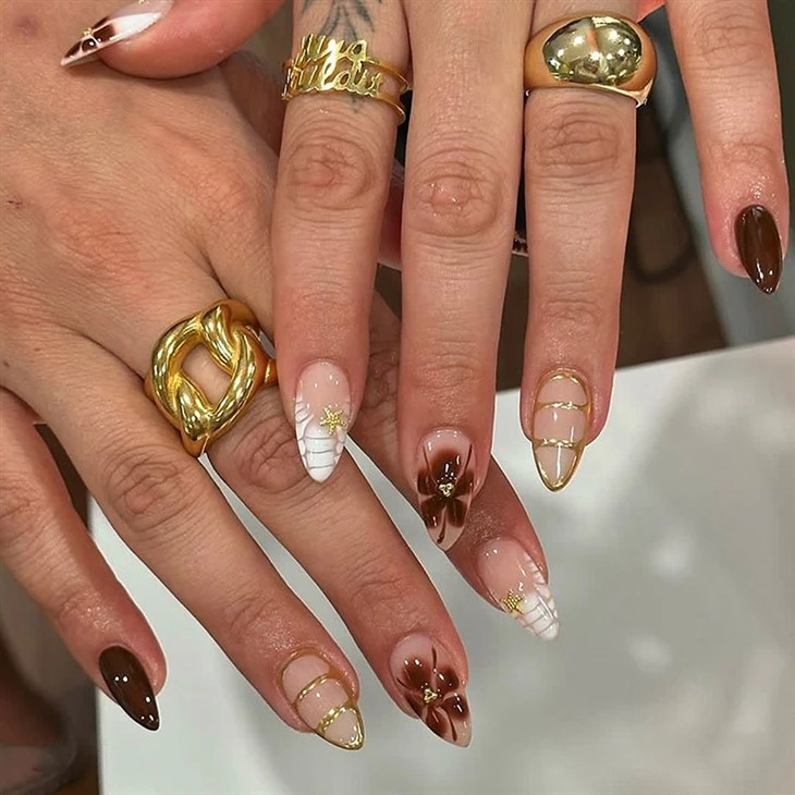 Brown Floral & Gold Stripe Almond Press On Nails
