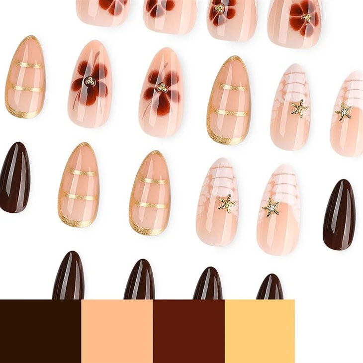 Brown Floral & Gold Stripe Almond Press On Nails best