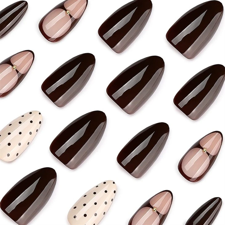 Brown Floral Polka Dot French Fake Nails factory