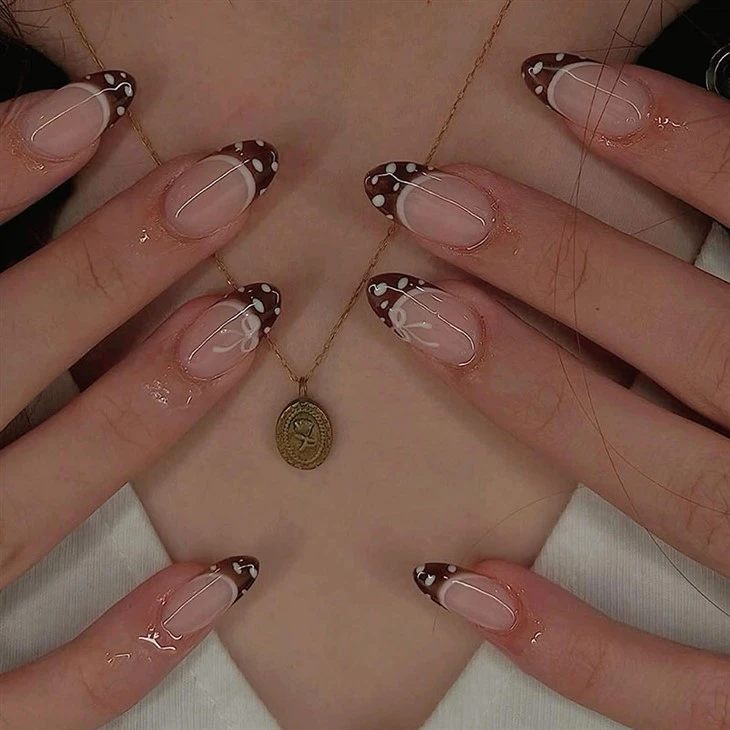 Brown Polka Dot Bow Almond Press On Nails