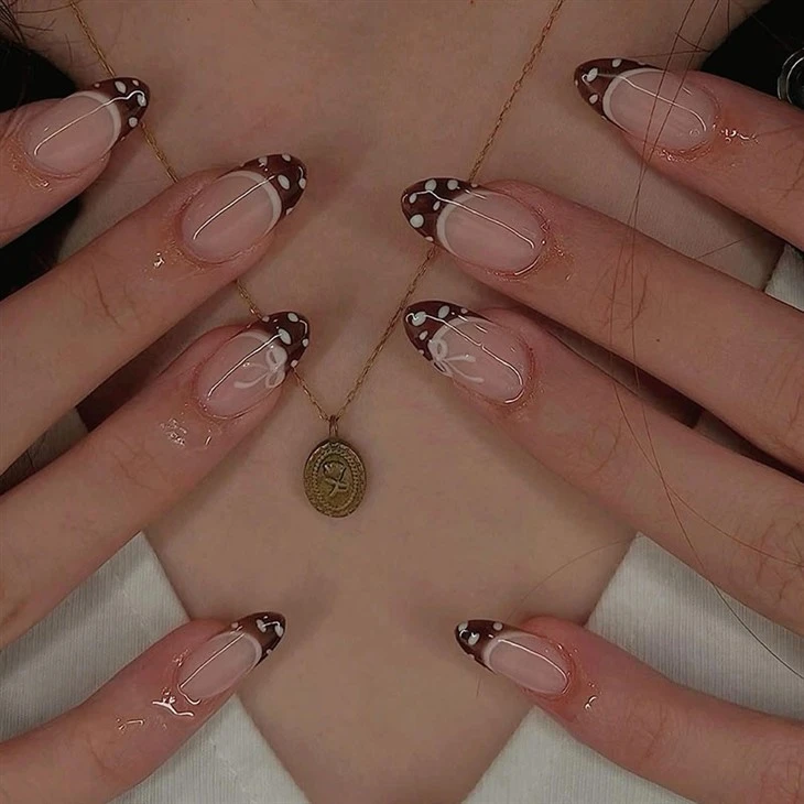 Brown Polka Dot Bow Almond Press On Nails suppliers