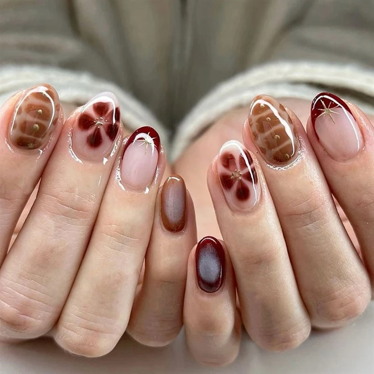 Burgundy Bow Star French Tip Press On Nails