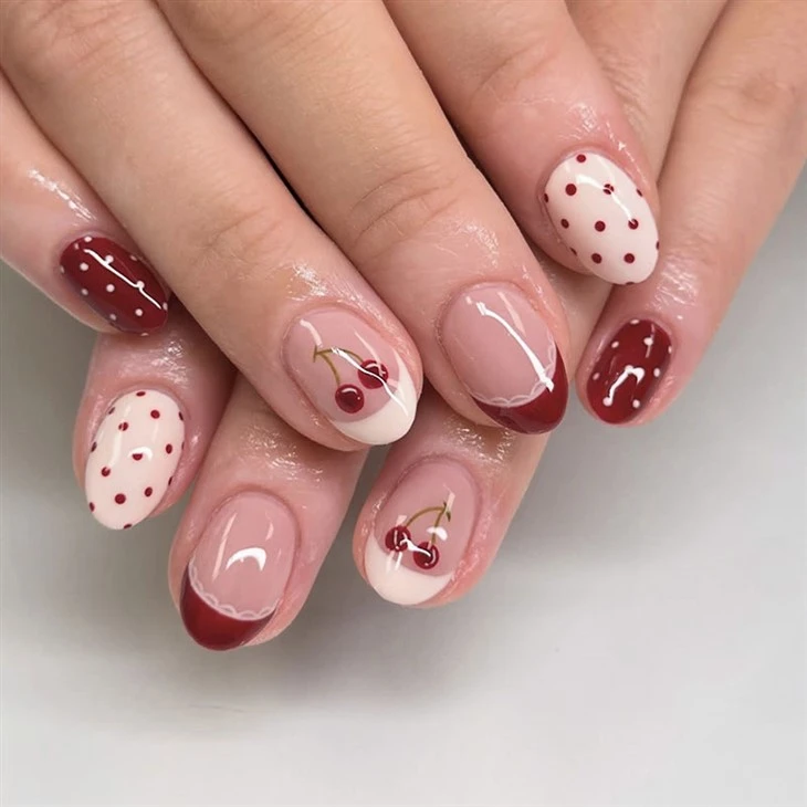 Burgundy Cherry Polka Dot French Press On Nails