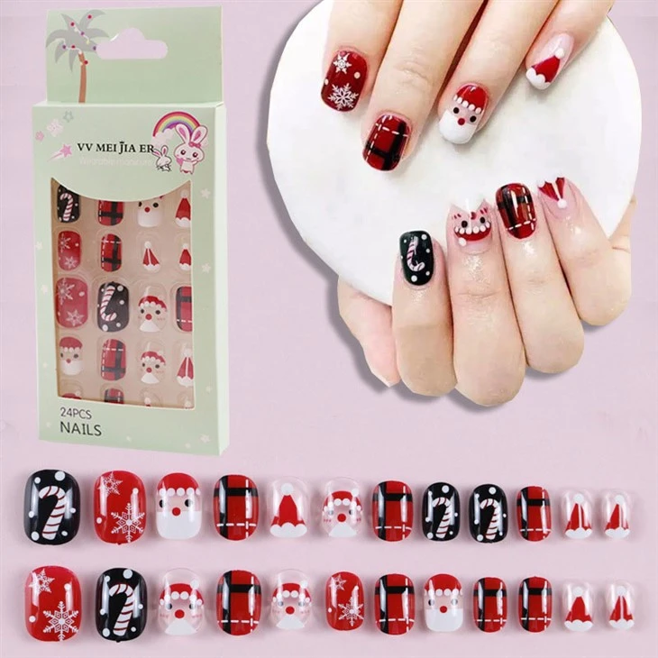 Christmas Santa Candy Cane Cartoon Kids Press On Nails