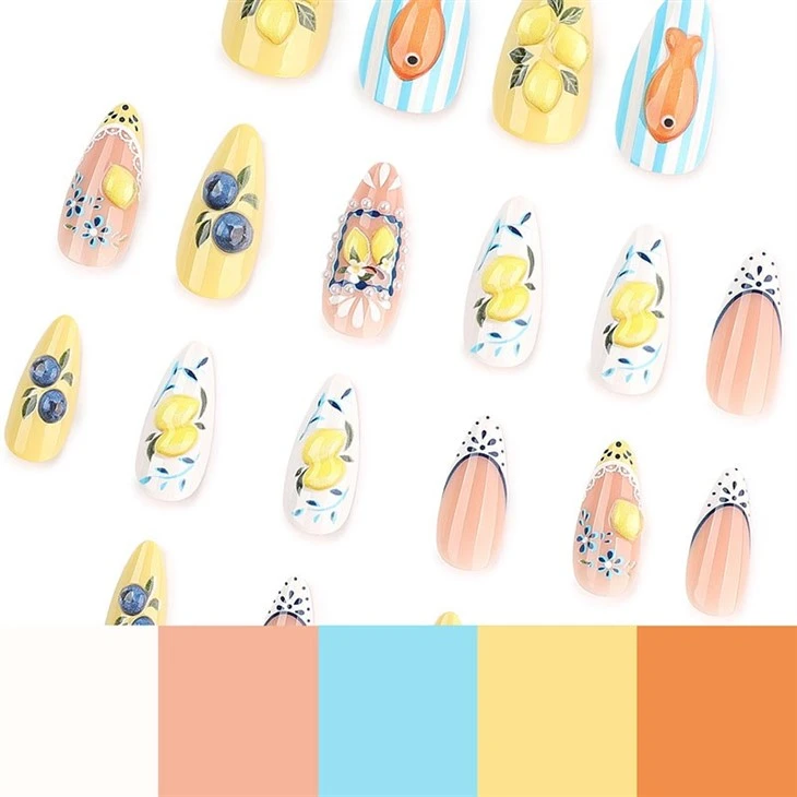 3D Lemon Blueberry Summer Almond Press On Nails best