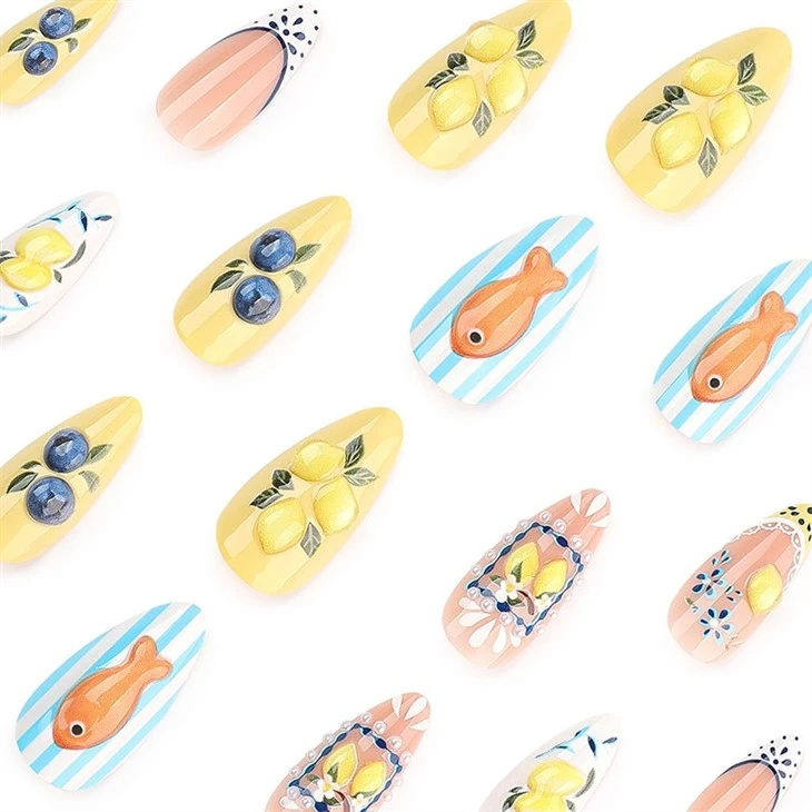 3D Lemon Blueberry Summer Almond Press On Nails factory