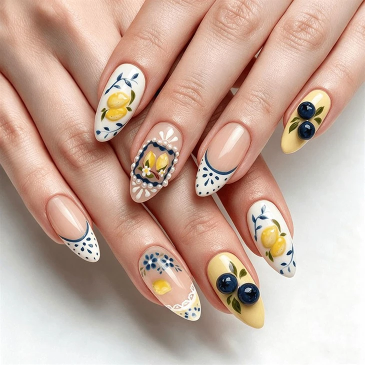 3D Lemon Blueberry Summer Almond Press On Nails