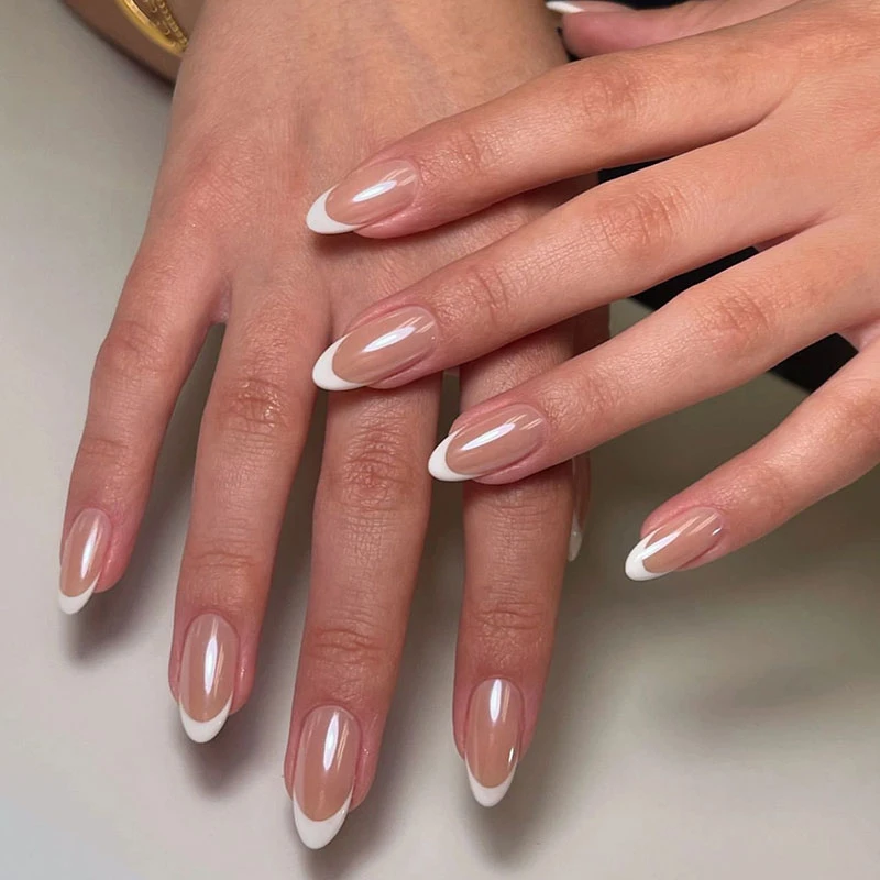 French White Almond Chrome Press On Nails