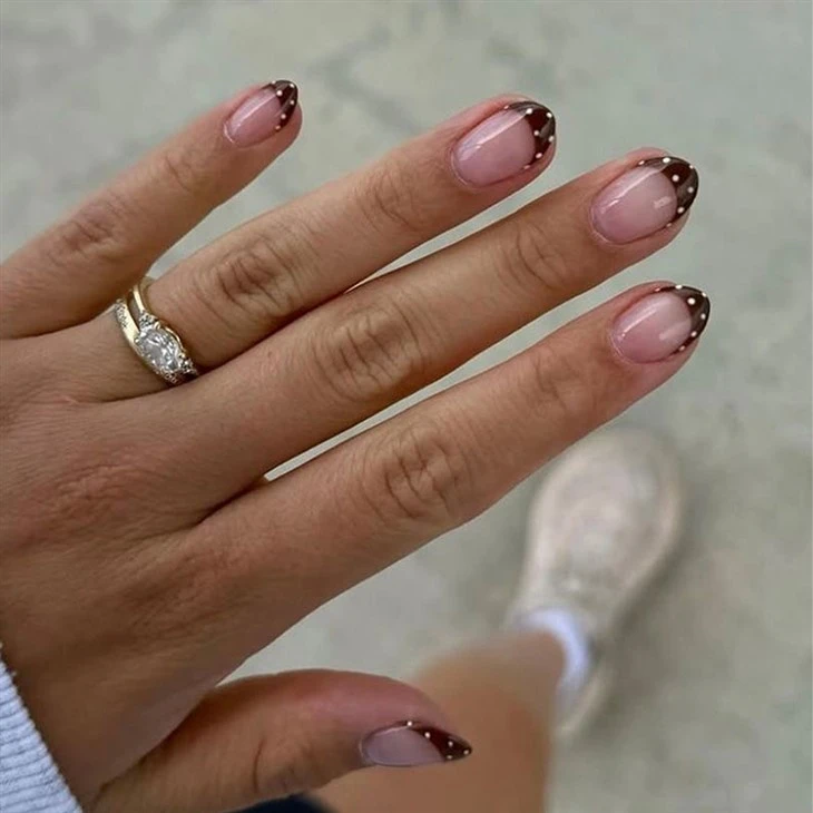Mocha Brown Polka Dot French Almond Press On Nails