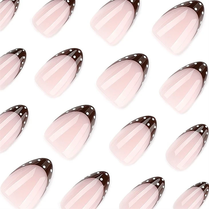 Mocha Brown Polka Dot French Almond Press On Nails factory