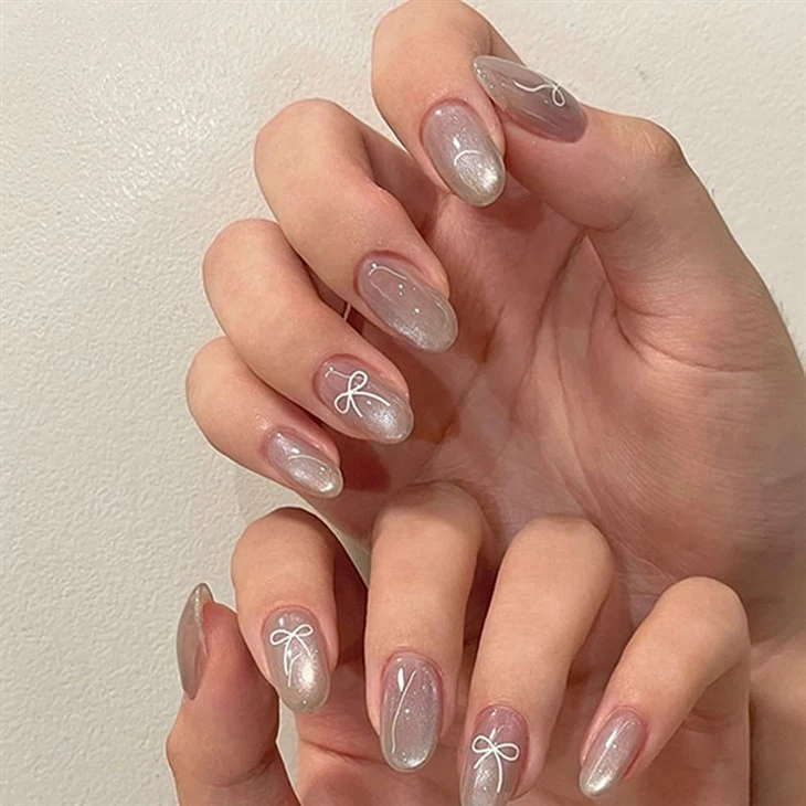 Pearl White Cat Eye Bow Design Press On Nails