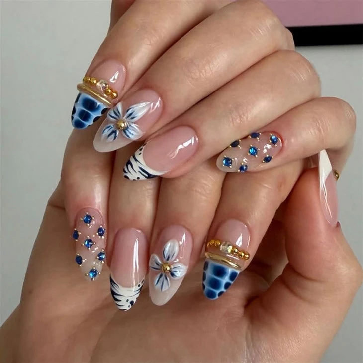 Pink Blue Floral 3D Press On Nails