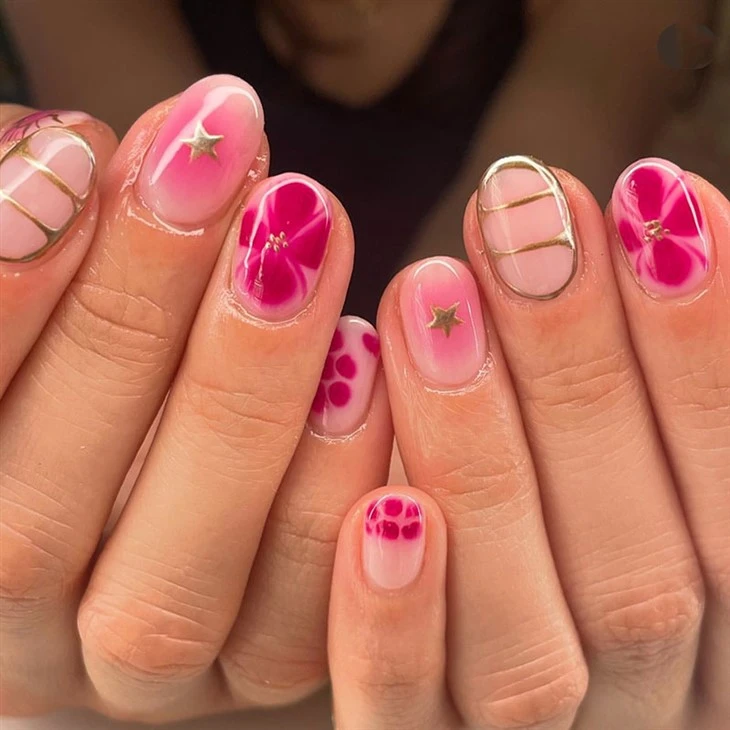 Pink Gold Star Bow Short Round Press On Nails