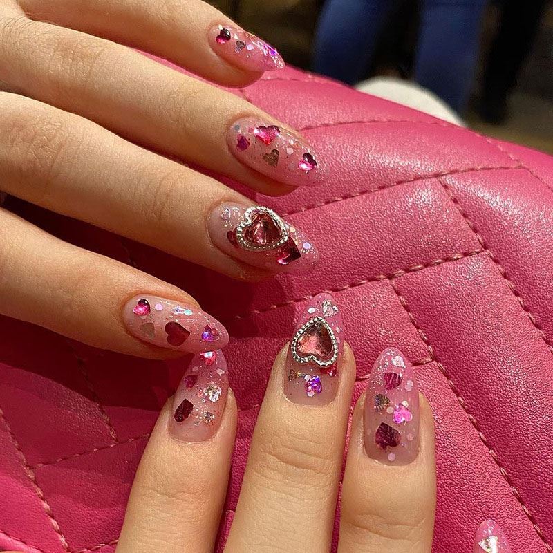 Pink Heart-shaped Rhinestone Valentine's Day Nails
