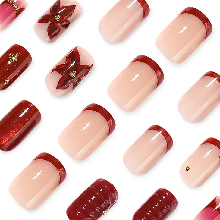 Red 3D Bow French Ombre Fake Nails factory