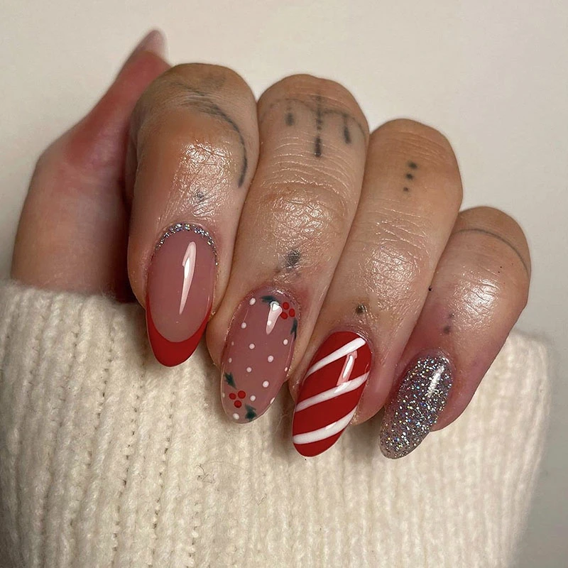 Red Candy-striped Christmas Press-on Nails