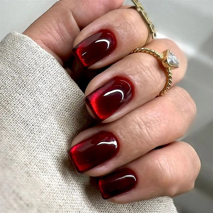 Ruby Red Cat Eye Short Square Press On Nails