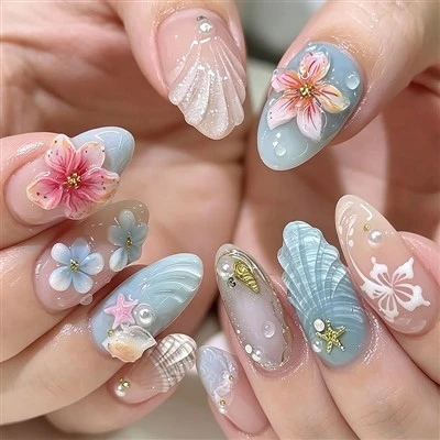 3D Blue Floral Ocean Press On Nails