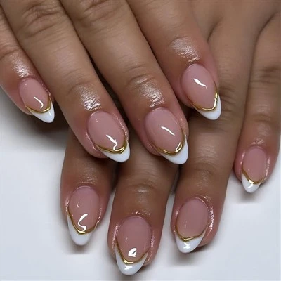 3D Effect Pink Almond Press On Nails With Gold Rim