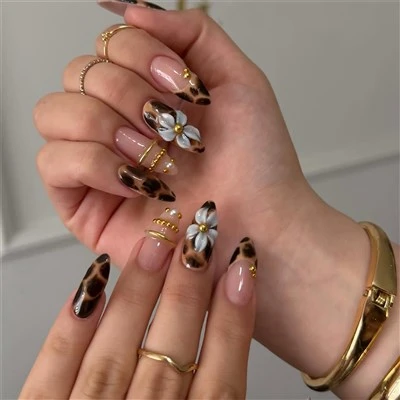 3D Floral Leopard Print Press On Nails