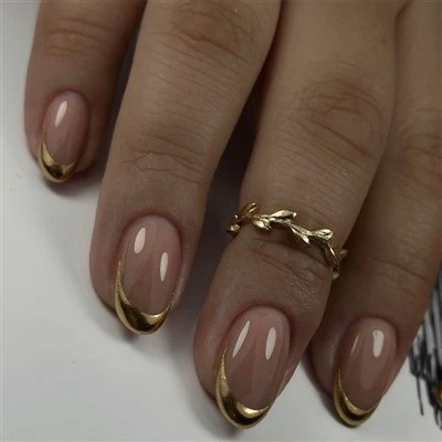 3D Gold Edge Short Oval Pink Press On Nails