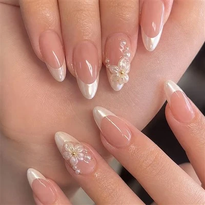 3D Pearl Flower French Tip Press On Nails