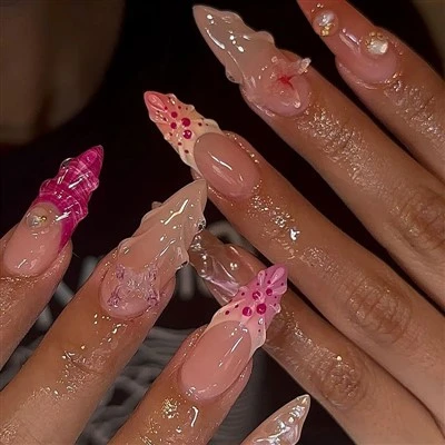 3D Pink Floral Blossom Almond Press On Nails