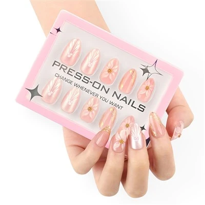 3D Pink Flower Almond Press On Nails With Gold Foil & Pearls