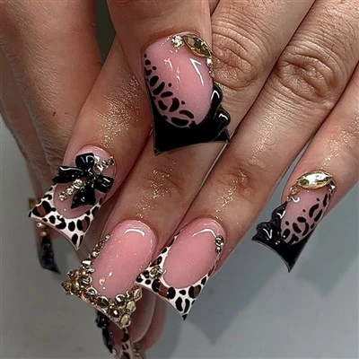 Black Leopard Rhinestone Duck Nail Tips