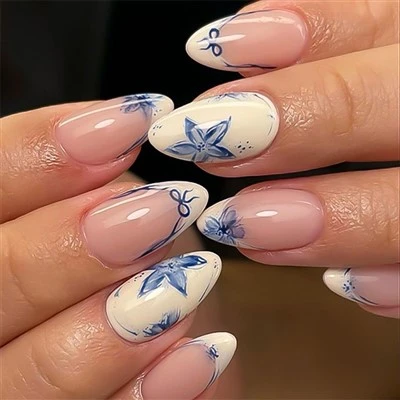 Blue Flower Bow Short Almond Press On Nails