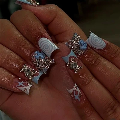 Blue Shiny Rhinestone Duck Nail Tips