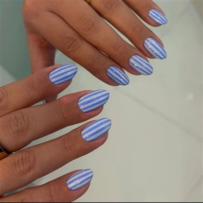 Blue&white Striped Press On Nails