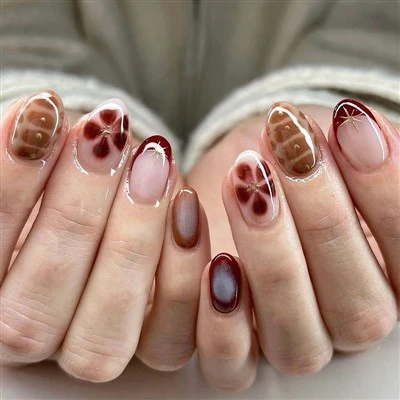 Burgundy Bow Star French Tip Press On Nails