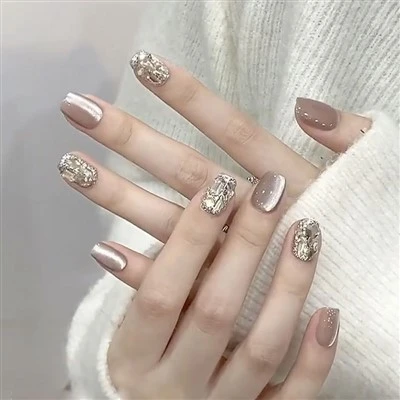 Glitter Cat-eye Diamond Press On Nails