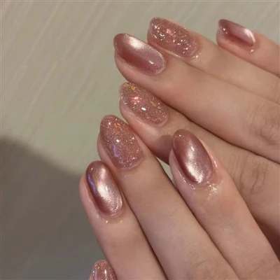 Glitter Nude Pink Cat Eye Press On Nails