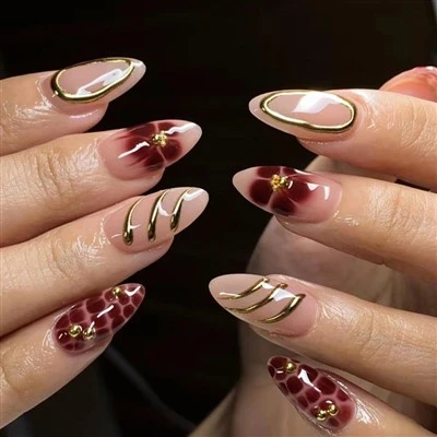 Luxury Nude Gold Wave Red Bow 3D Press On Nails