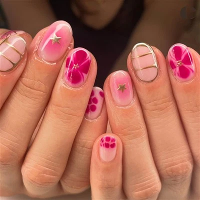 Pink Gold Star Bow Short Round Press On Nails