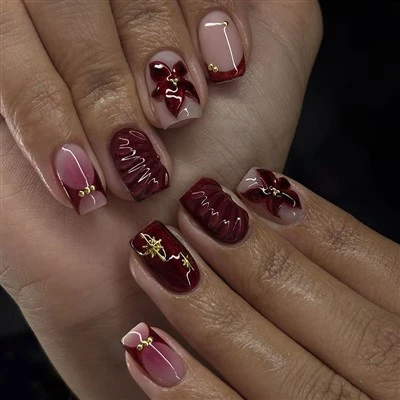 Red 3D Bow French Ombre Fake Nails