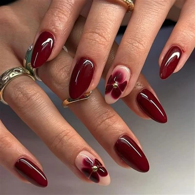 Red Floral Almond Press On Nails