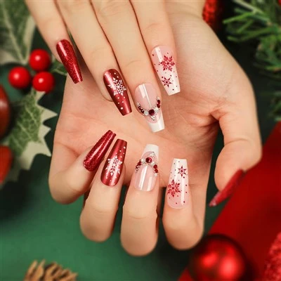 Red Snowflake Rhinestone Christmas Nails